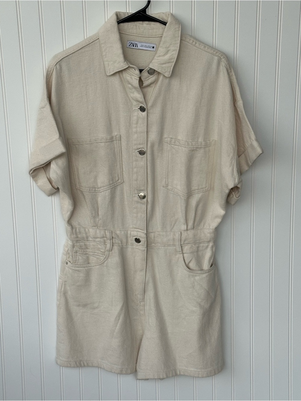 Zara Cream Short-Sleeve Denim Romper with Button Front
